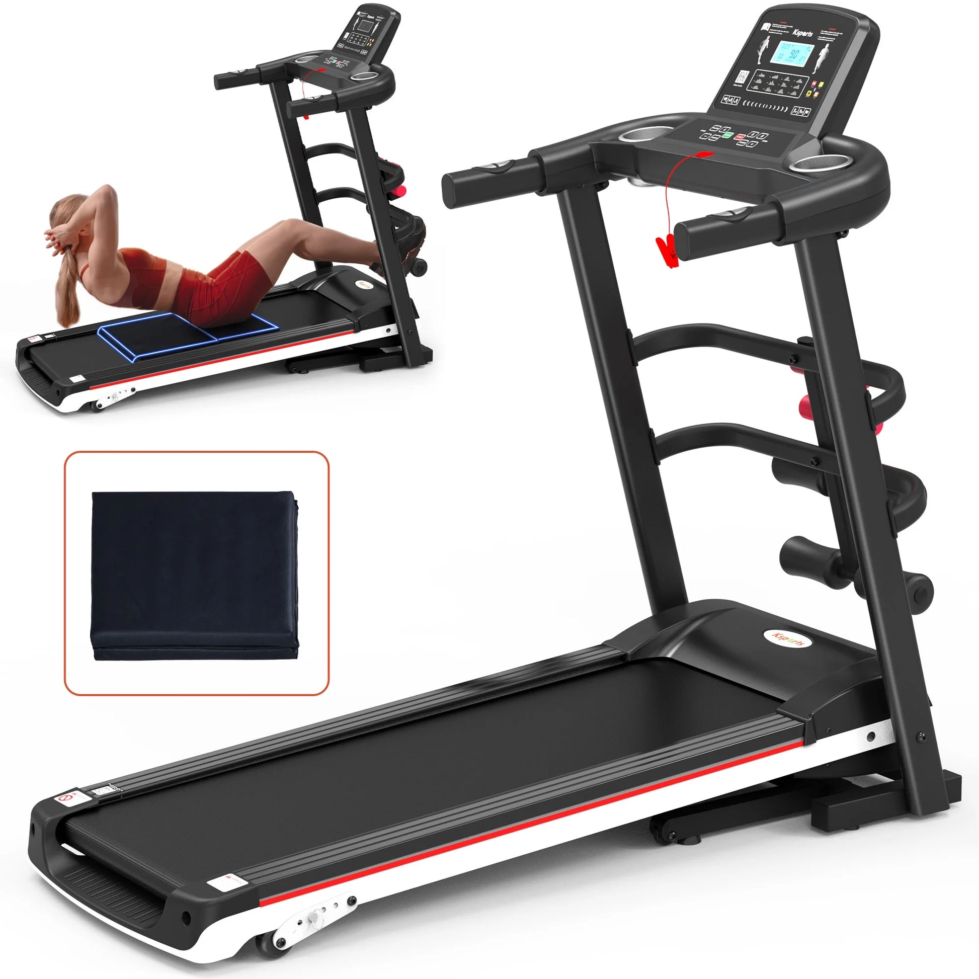 Elevate Your Home Workout: Electric Treadmill Bundle with Folding Rack, Exercise Mat, and Dumbbells in Sleek Black