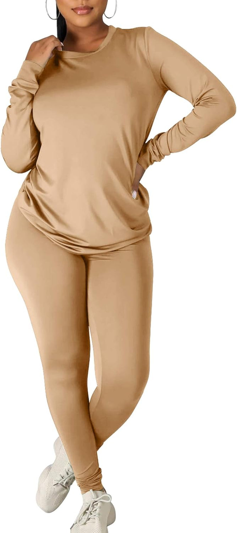 Elevate Your Workout Style with Kaximil Women's 2 Piece Tracksuit - Chic Long Sleeve Top and Legging Jogger Pants Set in Khaki