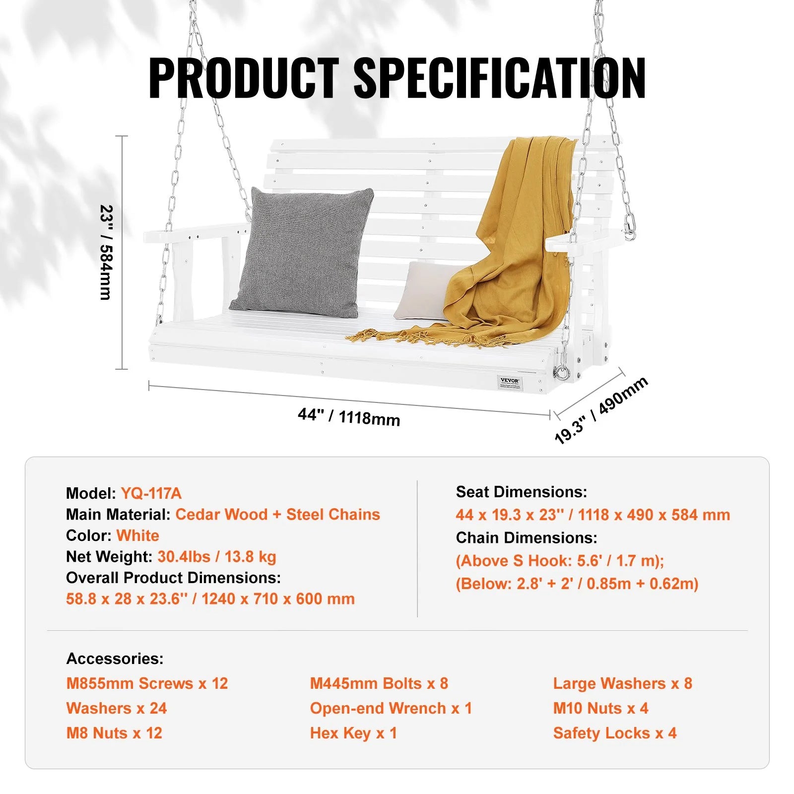 VEVOR Wooden Porch Swing 4 Ft, Patio Bench Swing for Courtyard & Garden, Upgraded 880 Lbs Strong Load Capacity, Heavy Duty Swing Chair Bench with Hanging Chains for Outdoors, White