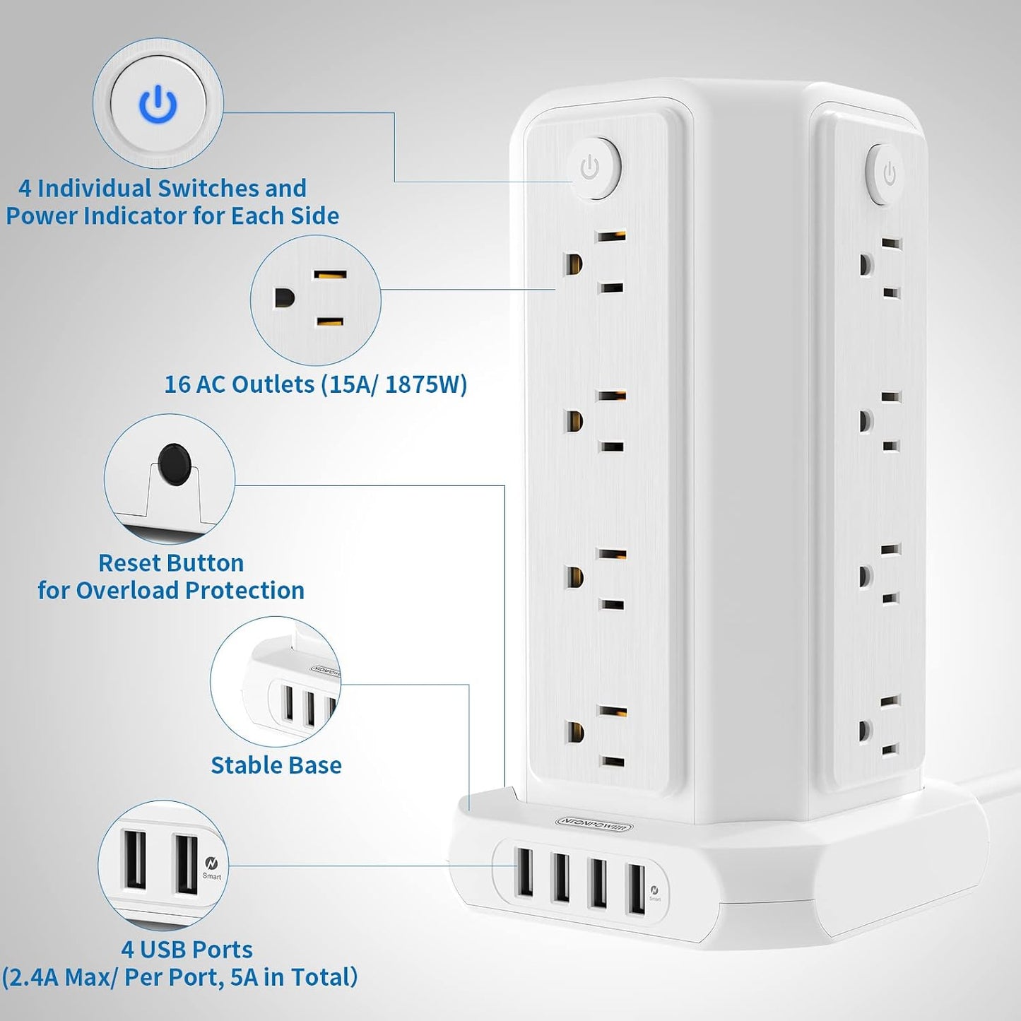 Power Up Your Space: 10 FT Extension Cord Power Strip Tower with 16 Outlets, 4 USB Ports, and Surge Protection - Perfect for Home, Office, and Dorm!