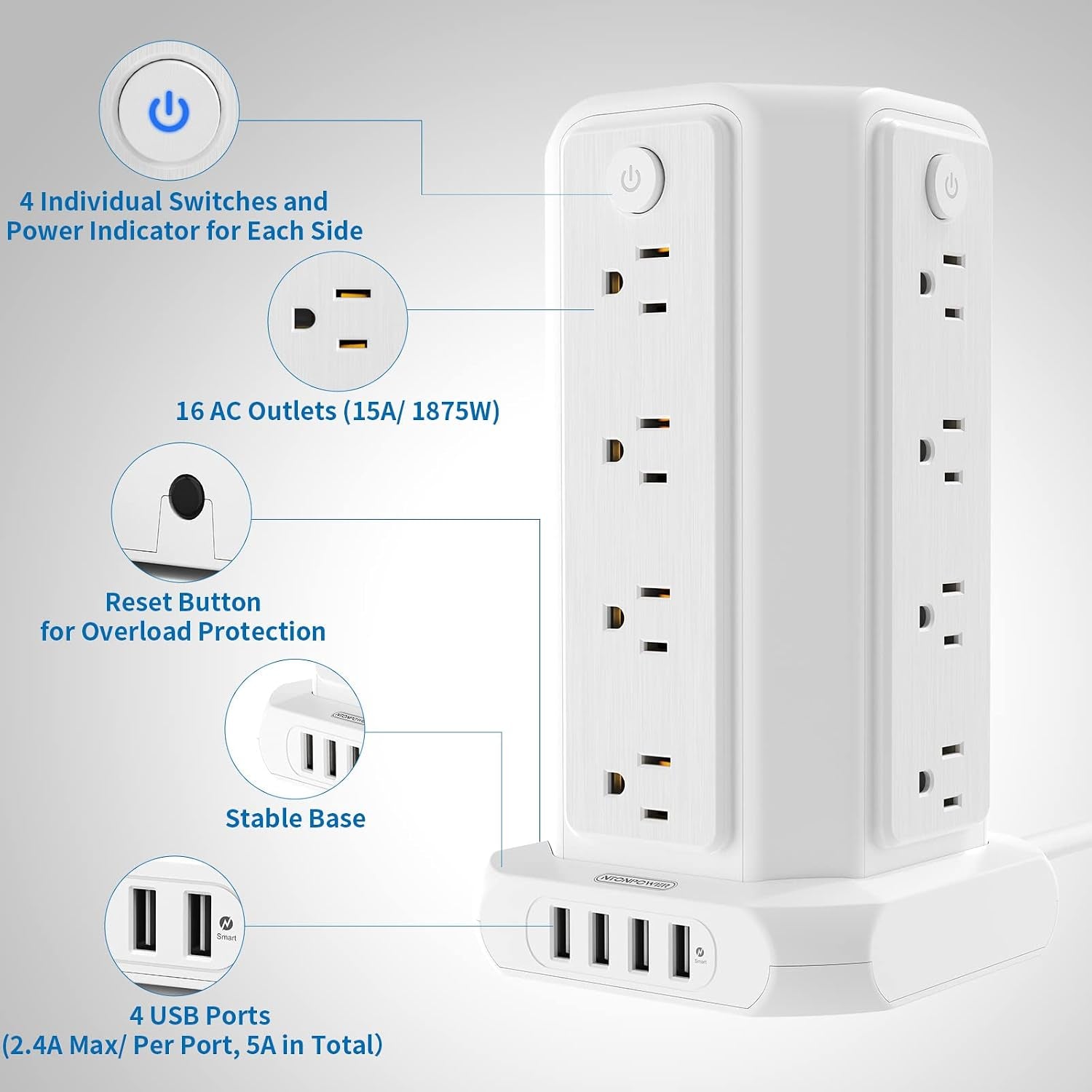 Power Up Your Space: 10 FT Extension Cord Power Strip Tower with 16 Outlets, 4 USB Ports, and Surge Protection - Perfect for Home, Office, and Dorm!