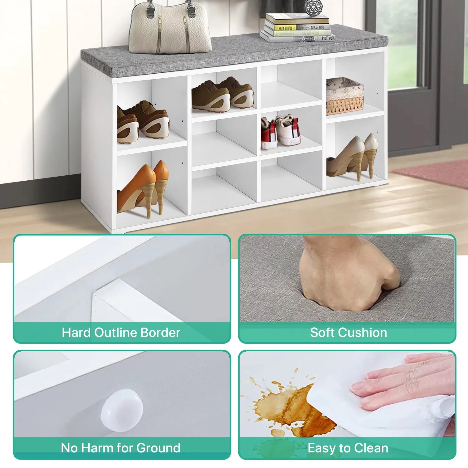 Shoe Bench Entryway Bench with Shoe Storage Shoe Rack Organizer 10 Compartments Storage Bench with 1.2 Inch Cushion Adjustable Shelves for Entryway,Living Room, Bedroom (White)