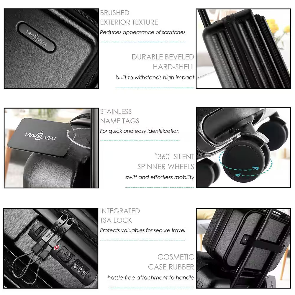 Elevate Your Travel Experience with Our 2-Piece Black Hardside Carry-On Luggage Set - Airline Approved with USB Charging Capability!