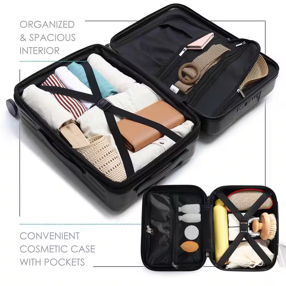 Elevate Your Travel Experience with Our 2-Piece Black Hardside Carry-On Luggage Set - Airline Approved with USB Charging Capability!