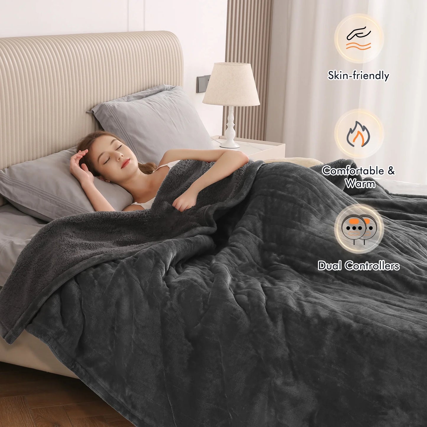 Electric Heated Blanket Queen Size 84''X90'', Fast Heating with Dual Controllers, 10 Heating Levels, 10H Timers, Preheat Function - Gray