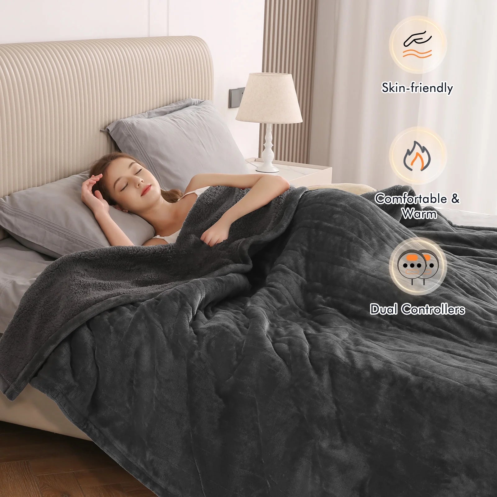 Electric Heated Blanket Queen Size 84''X90'', Fast Heating with Dual Controllers, 10 Heating Levels, 10H Timers, Preheat Function - Gray