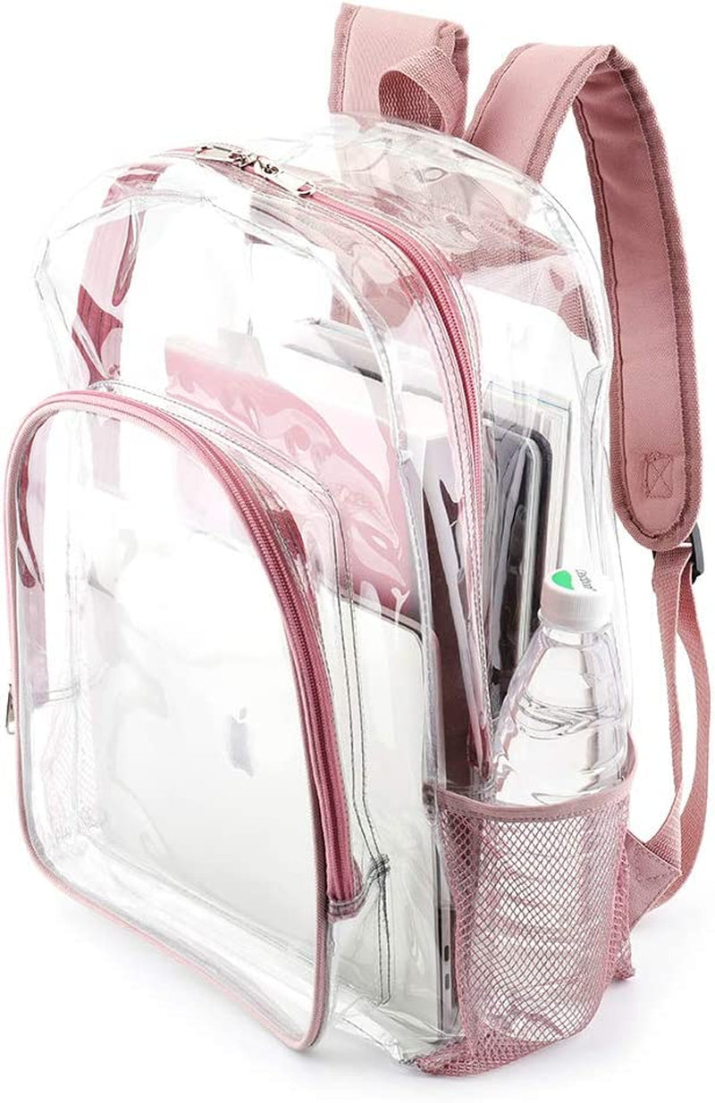 Pink Clear Backpack for Girls Women, Stylish See through Plastic Clear Bookbag for School Stadium Concert 16 Inch