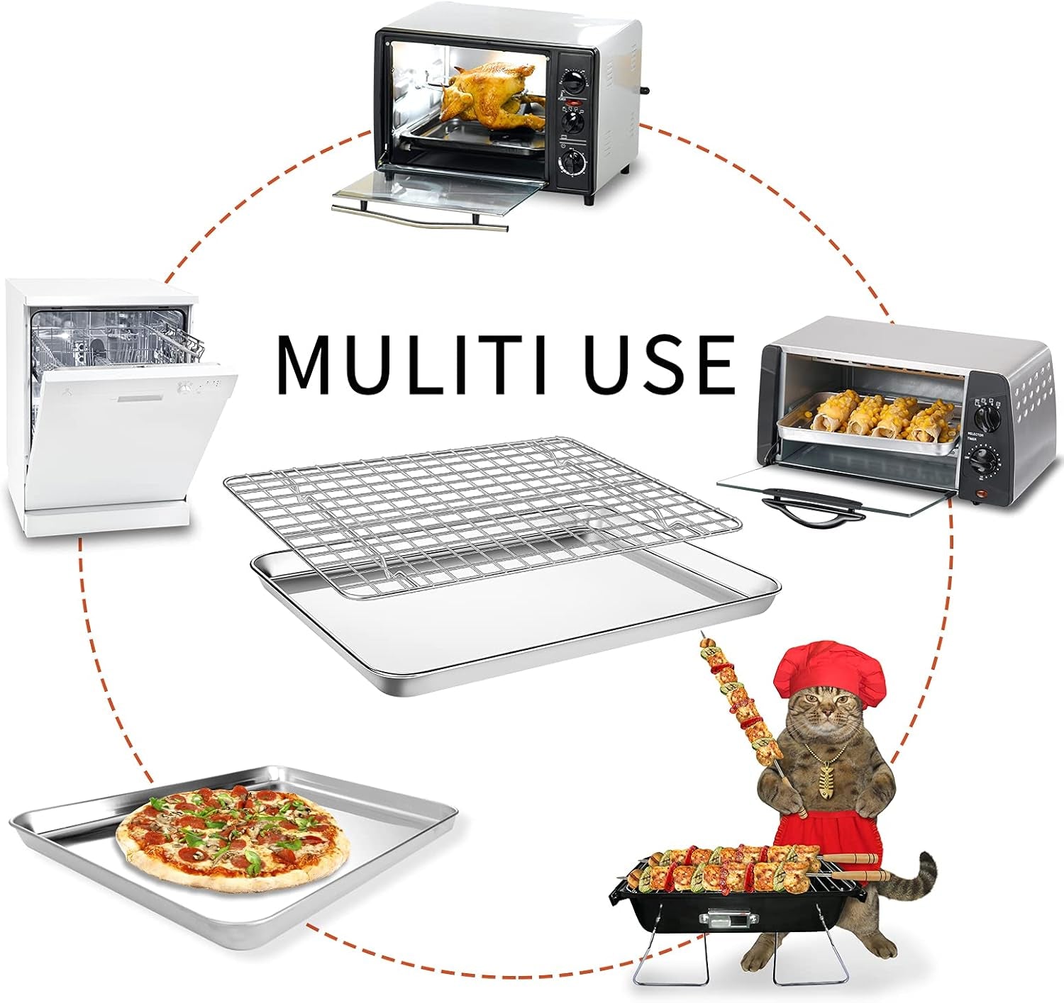 Premium 4-Piece Baking Sheet and Cooling Rack Set - Heavy Duty Stainless Steel, 12-Inch Cookie Trays, Non-Toxic & Dishwasher Safe