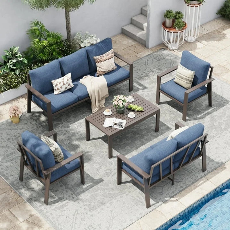 Aluminum Patio Furniture Set, Contemporary Outdoor Couch Set, Aluminum Patio Conversation Set, Blue