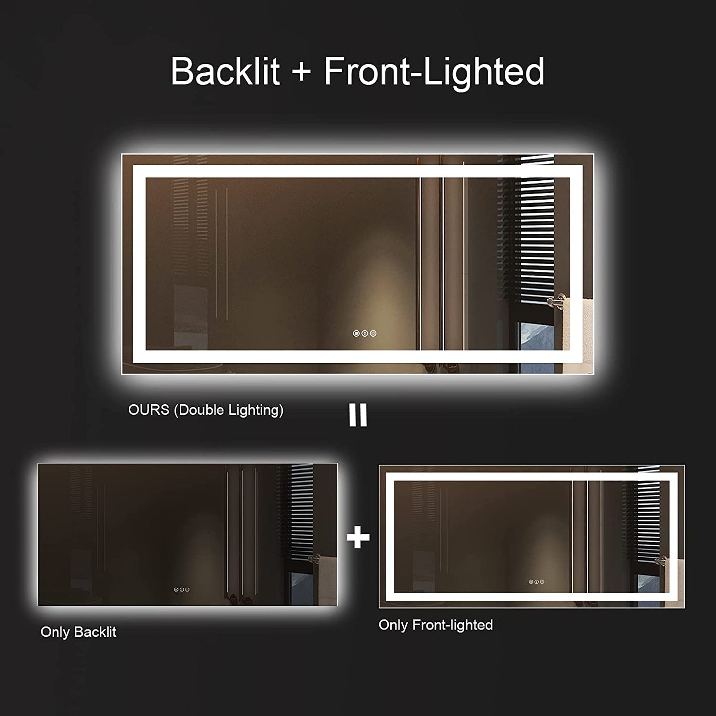 60" x 28" Dimmable LED Bathroom Mirror - Backlit & Front-Lighted, Anti-Fog, Memory Function, Shatterproof, ETL Listed
