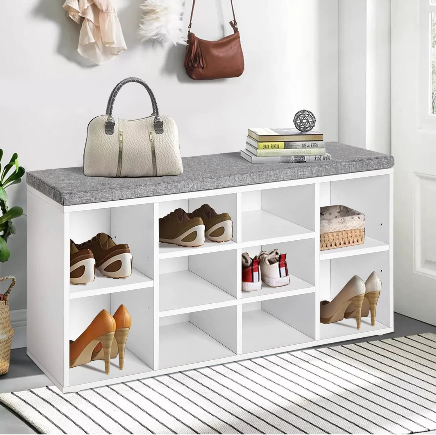 Shoe Bench Entryway Bench with Shoe Storage Shoe Rack Organizer 10 Compartments Storage Bench with 1.2 Inch Cushion Adjustable Shelves for Entryway,Living Room, Bedroom (White)
