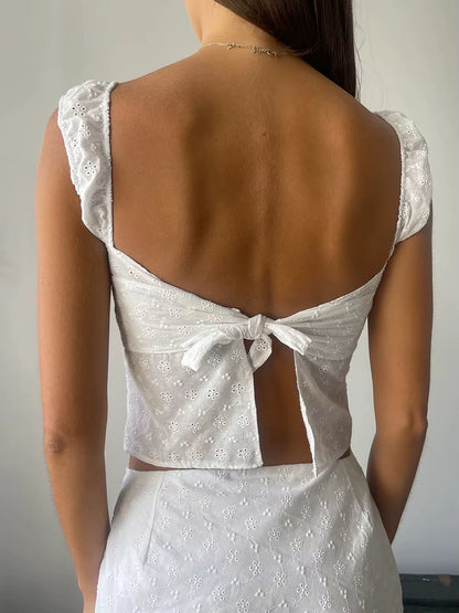 Elevate Your Summer Style with Our Sexy Backless Tie-Up Y2K Vintage White Jacquard Crop Top - Perfect for a Retro Fairy Look!