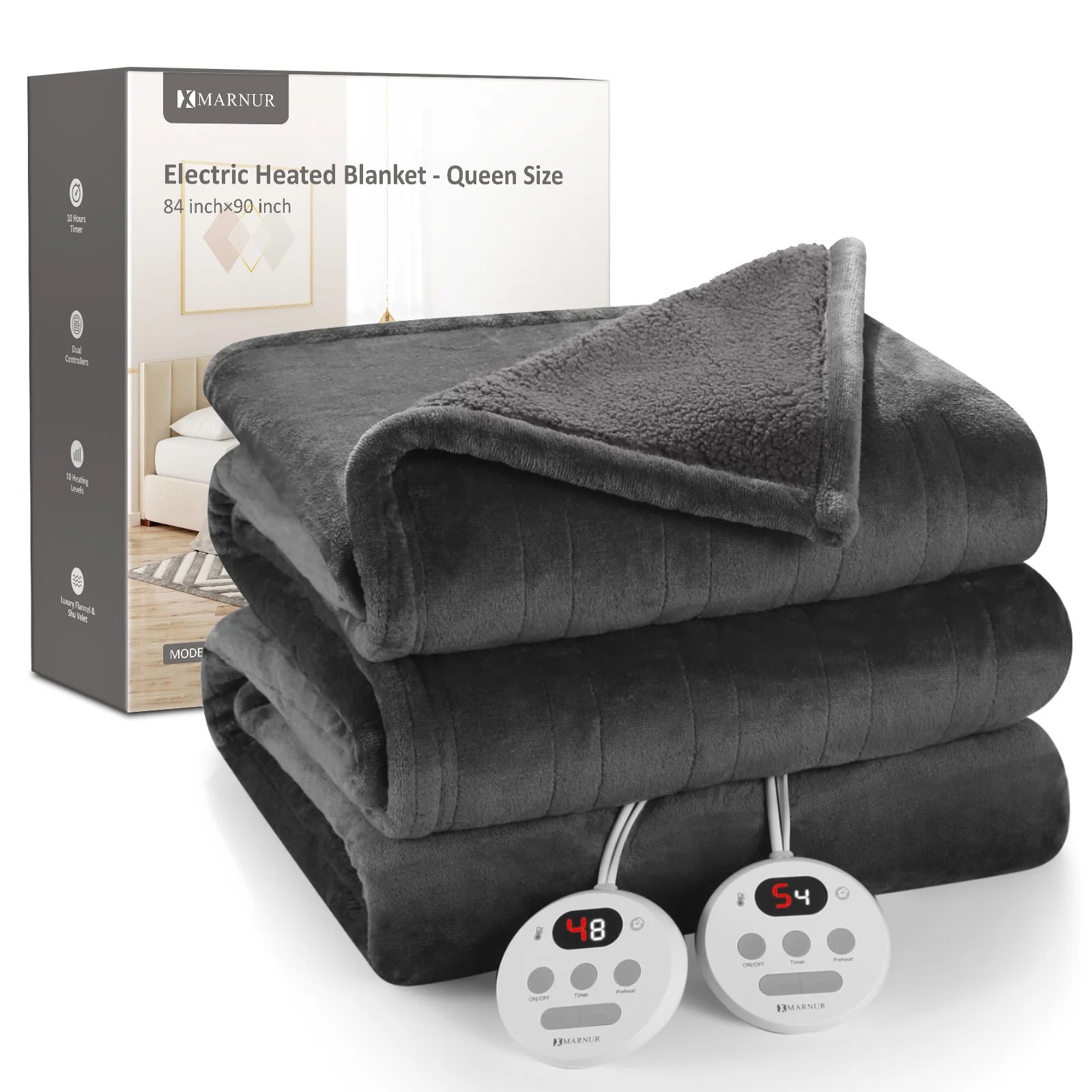 Electric Heated Blanket Queen Size 84''X90'', Fast Heating with Dual Controllers, 10 Heating Levels, 10H Timers, Preheat Function - Gray
