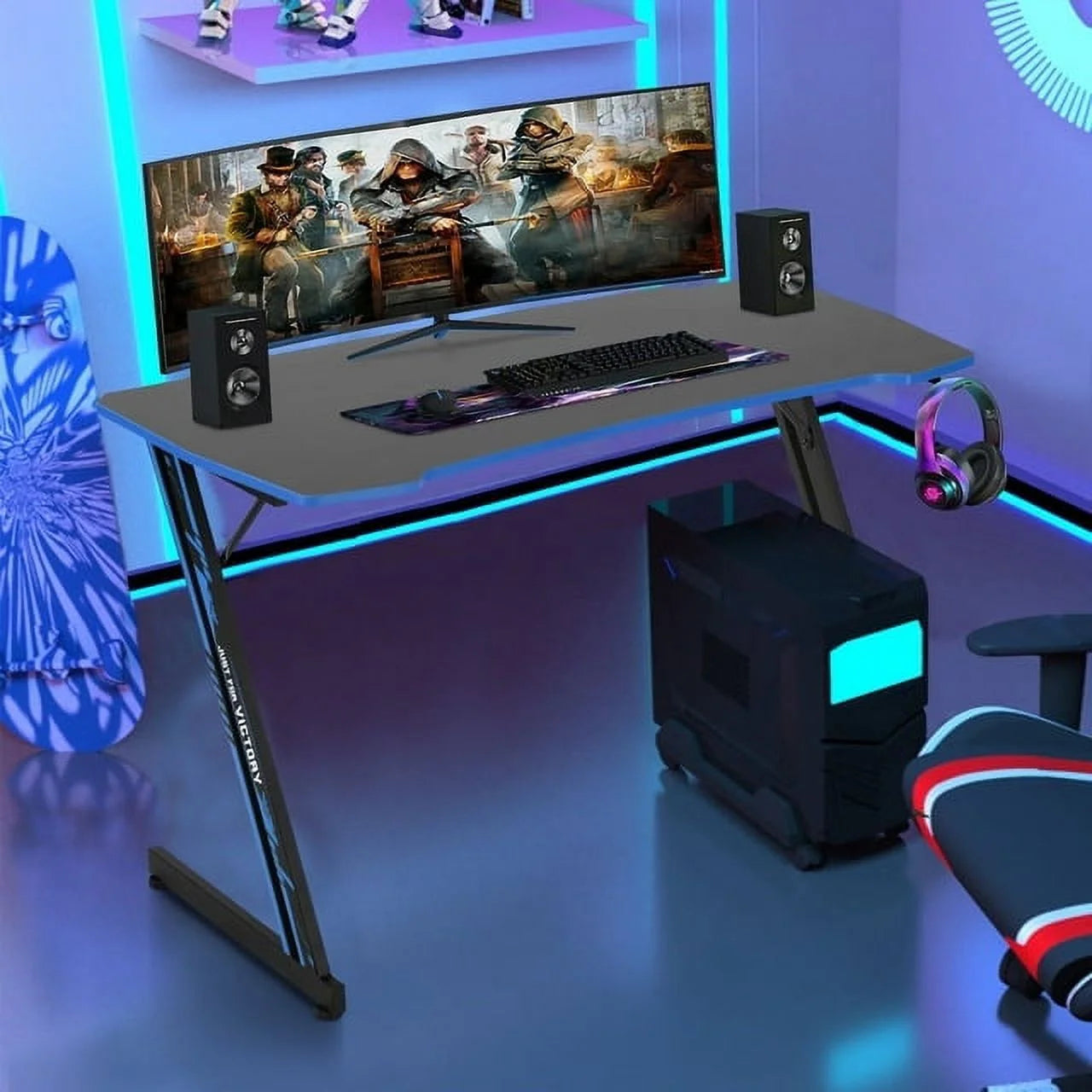 Elevate Your Gaming Experience with the Blue Portable Rectangular Gaming Desk Featuring Headphone Hook and Cup Holder
