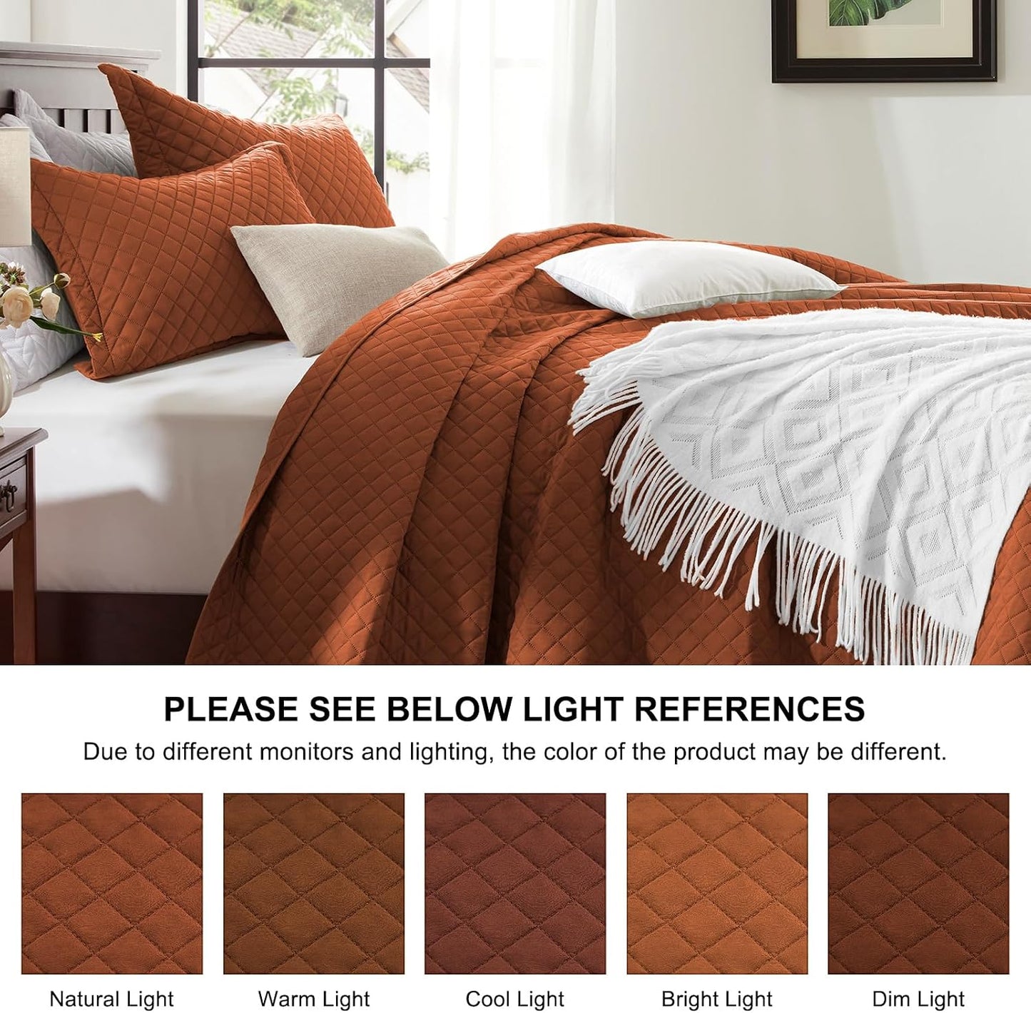 Quilt Set King Brunt Orange, Lightweight Comforter Bedspread Soft Reversible Coverlet King Size for All Season 3Pcs Rust Diamond Quilted Bedding Sets Bed Cover (1 Quilt 2 Pillow Shams)