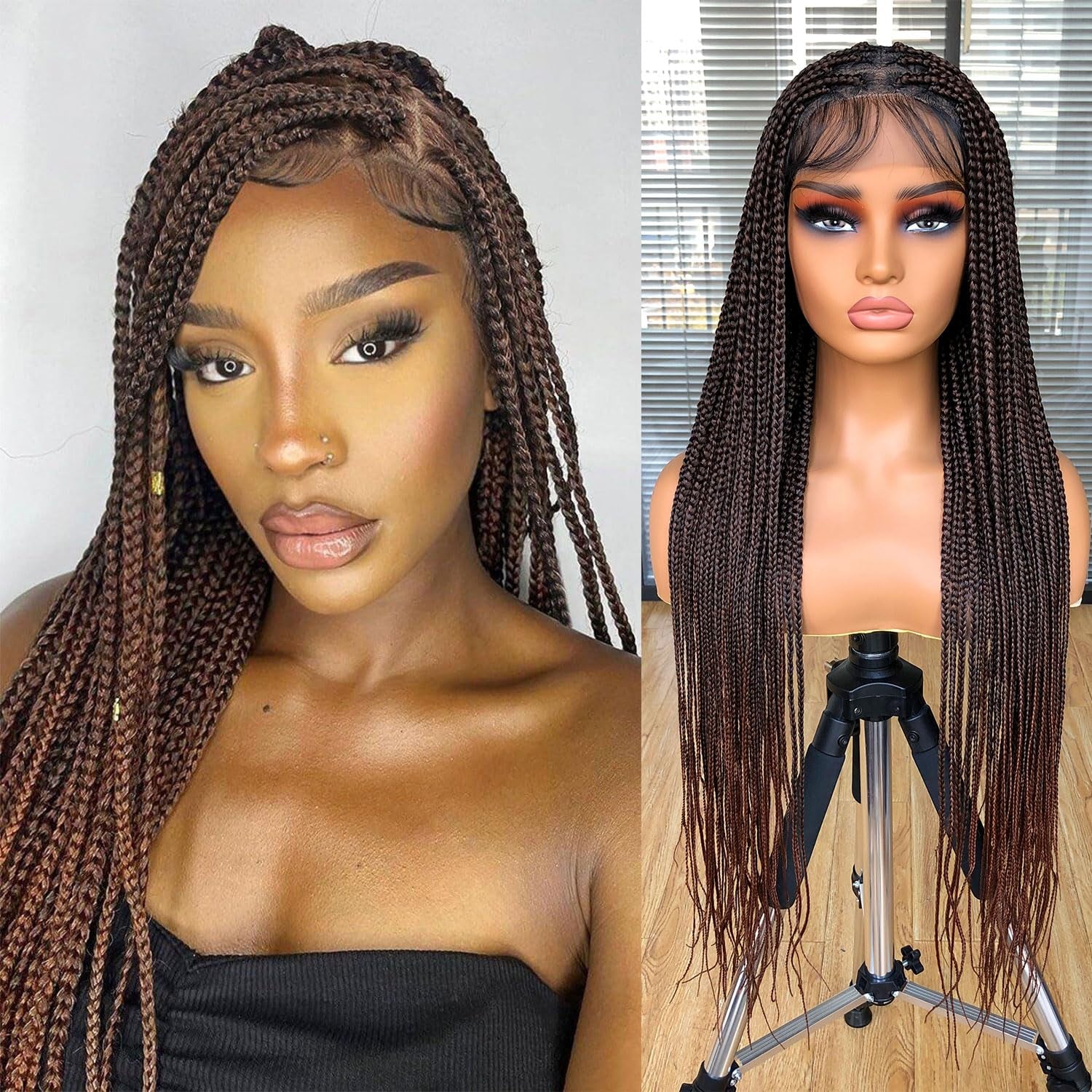 Runm 36" Ombre Brown Full Lace Front Box Braided Wig for Black Women - Hand Braided Synthetic Wig with Baby Hair