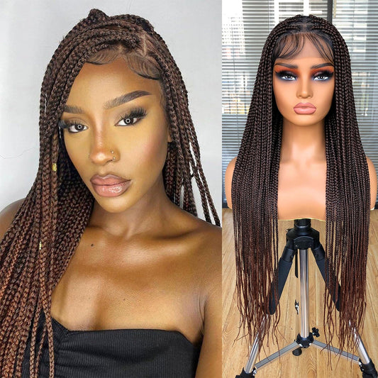 Runm 36" Ombre Brown Full Lace Front Box Braided Wig for Black Women - Hand Braided Synthetic Wig with Baby Hair