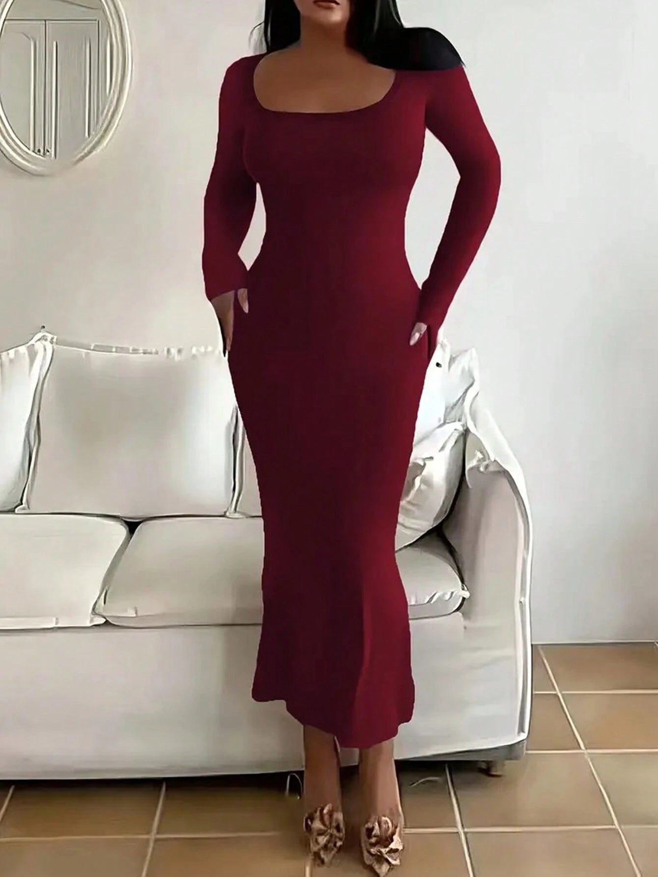 INAWLY SHEIN Ezwear Solid Scoop Neck Bodycon Dress
