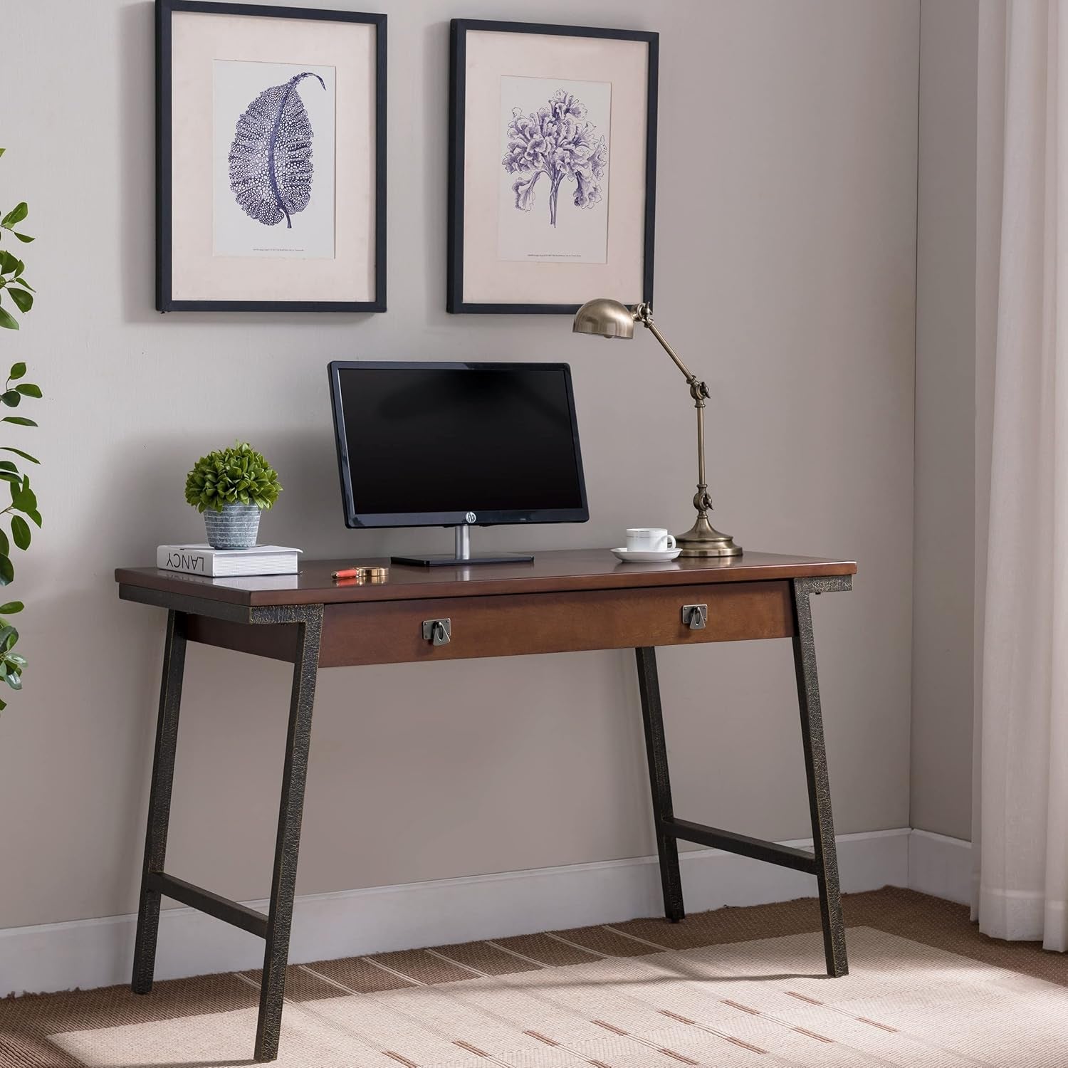 Stylish and Functional 11400 Empiria Metal and Wood Laptop Desk with Convenient Drop Front Keyboard Drawer in Walnut and Foundry Bronze