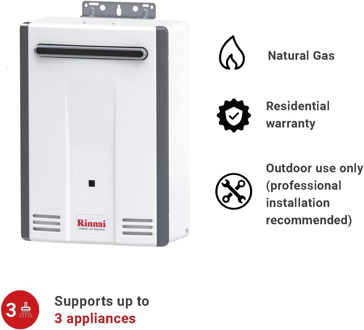Rinnai V53DeN Natural Gas Tankless Water Heater - Endless Hot Water at 5.3 GPM for Outdoor Use