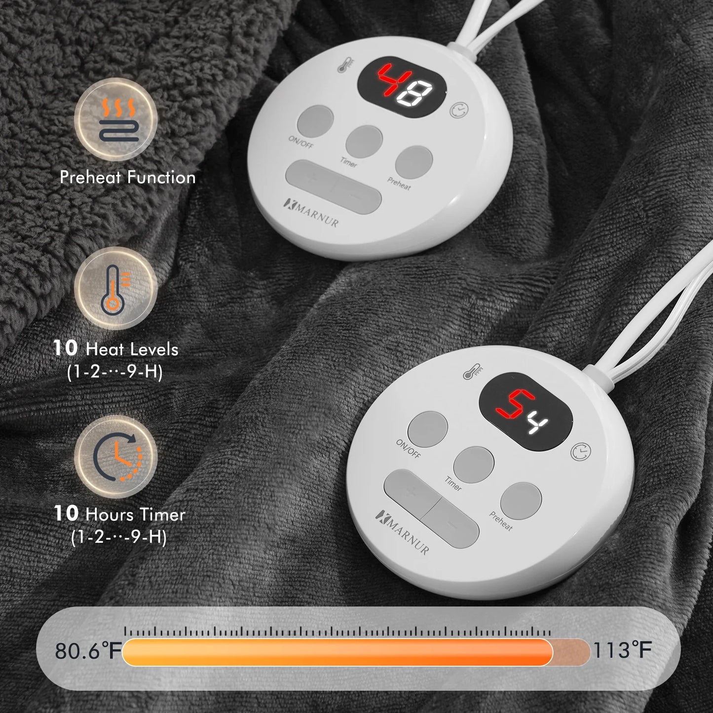 Electric Heated Blanket Queen Size 84''X90'', Fast Heating with Dual Controllers, 10 Heating Levels, 10H Timers, Preheat Function - Gray