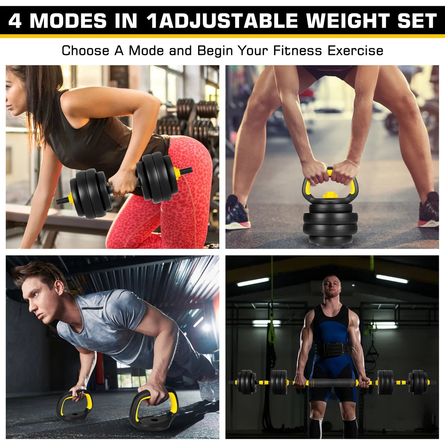 Versatile 66 Lbs Adjustable Dumbbell Barbell Set - 4-in-1 Weight System for Ultimate Home Fitness, Ideal for Men & Women, Bright Yellow Design