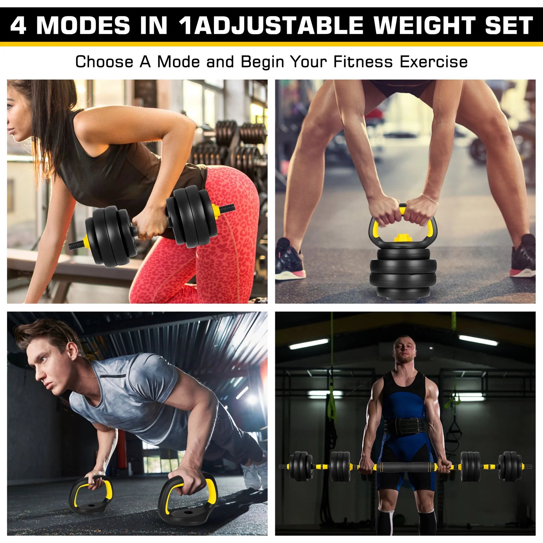 Versatile 66 Lbs Adjustable Dumbbell Barbell Set - 4-in-1 Weight System for Ultimate Home Fitness, Ideal for Men & Women, Bright Yellow Design