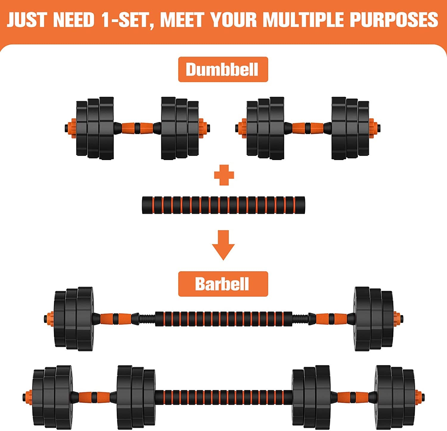 Versatile 44Lbs Adjustable Dumbbells Set - 2 in 1 Barbell & Dumbbells with Non-Slip Neoprene Grip for Home Gym Fitness Training, Perfect for Men & Women!