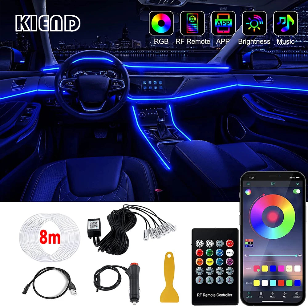 Transform Your Ride with RGB LED Car Interior Ambient Strip Lights - APP Remote Control & Fiber Optic Neon Atmosphere Kit!