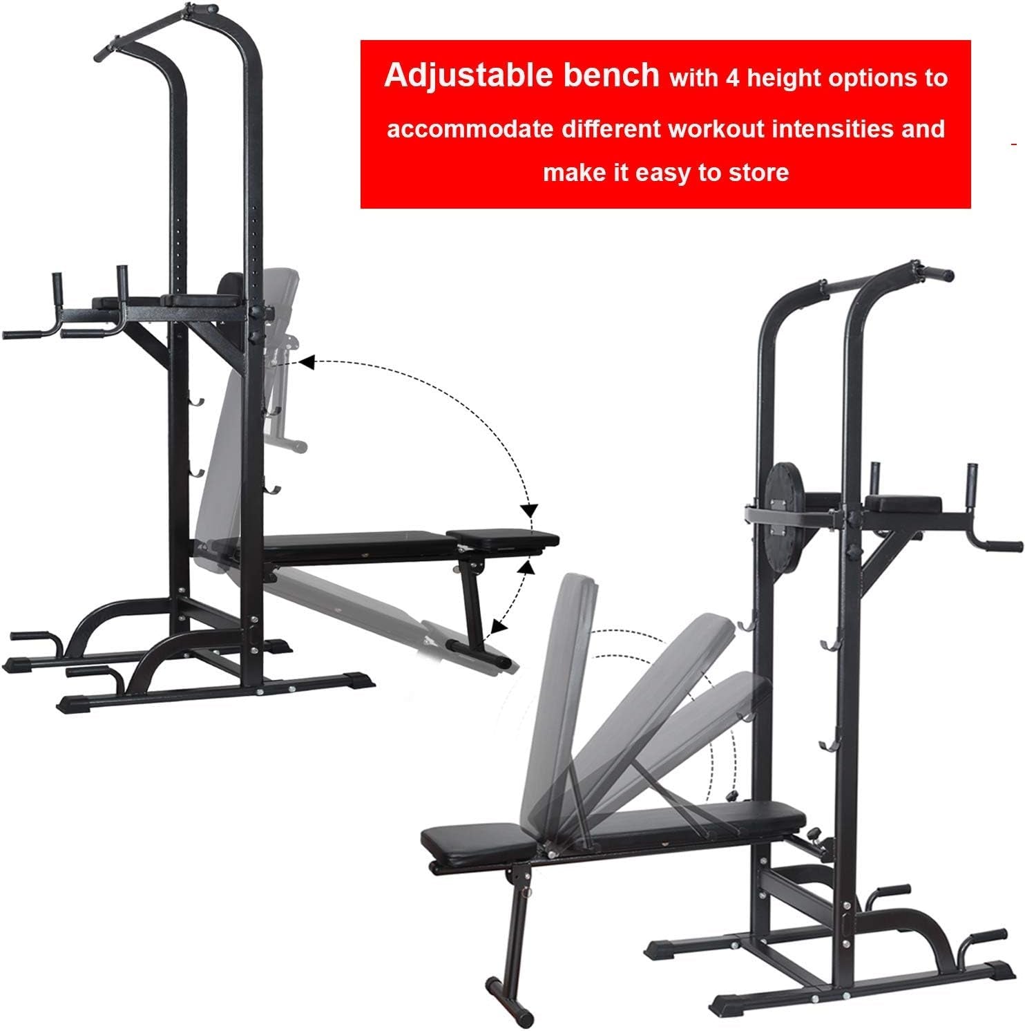 High Capacity Power Tower Dip Station - 800Lbs, Adjustable Heavy Duty Steel Multi-Function Fitness Equipment for Home Gym - Includes Weight Sit Up Bench (White)