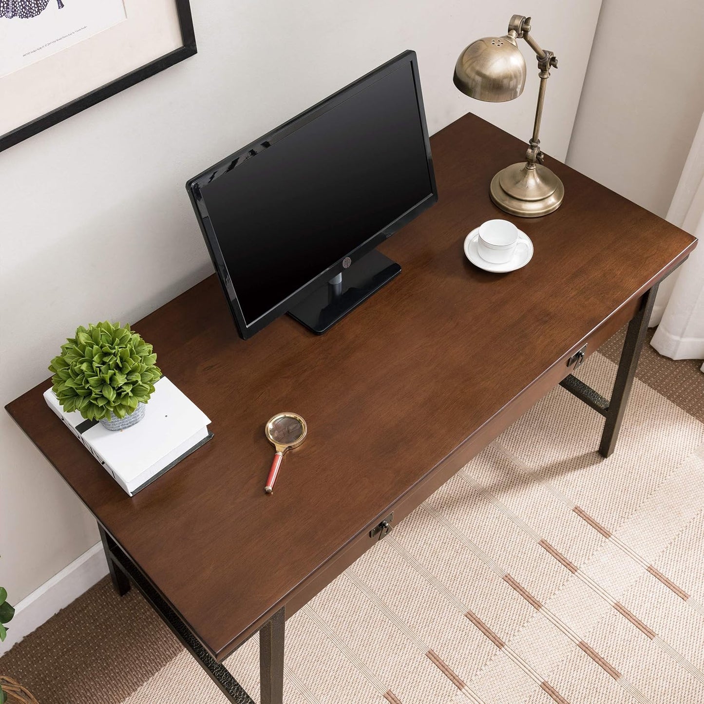 Stylish and Functional 11400 Empiria Metal and Wood Laptop Desk with Convenient Drop Front Keyboard Drawer in Walnut and Foundry Bronze