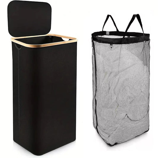 Stylish 100L Black Laundry Hamper with Lid and Bamboo Handles - Perfect for Organizing Clothes and Toys with Removable Inner Bag!