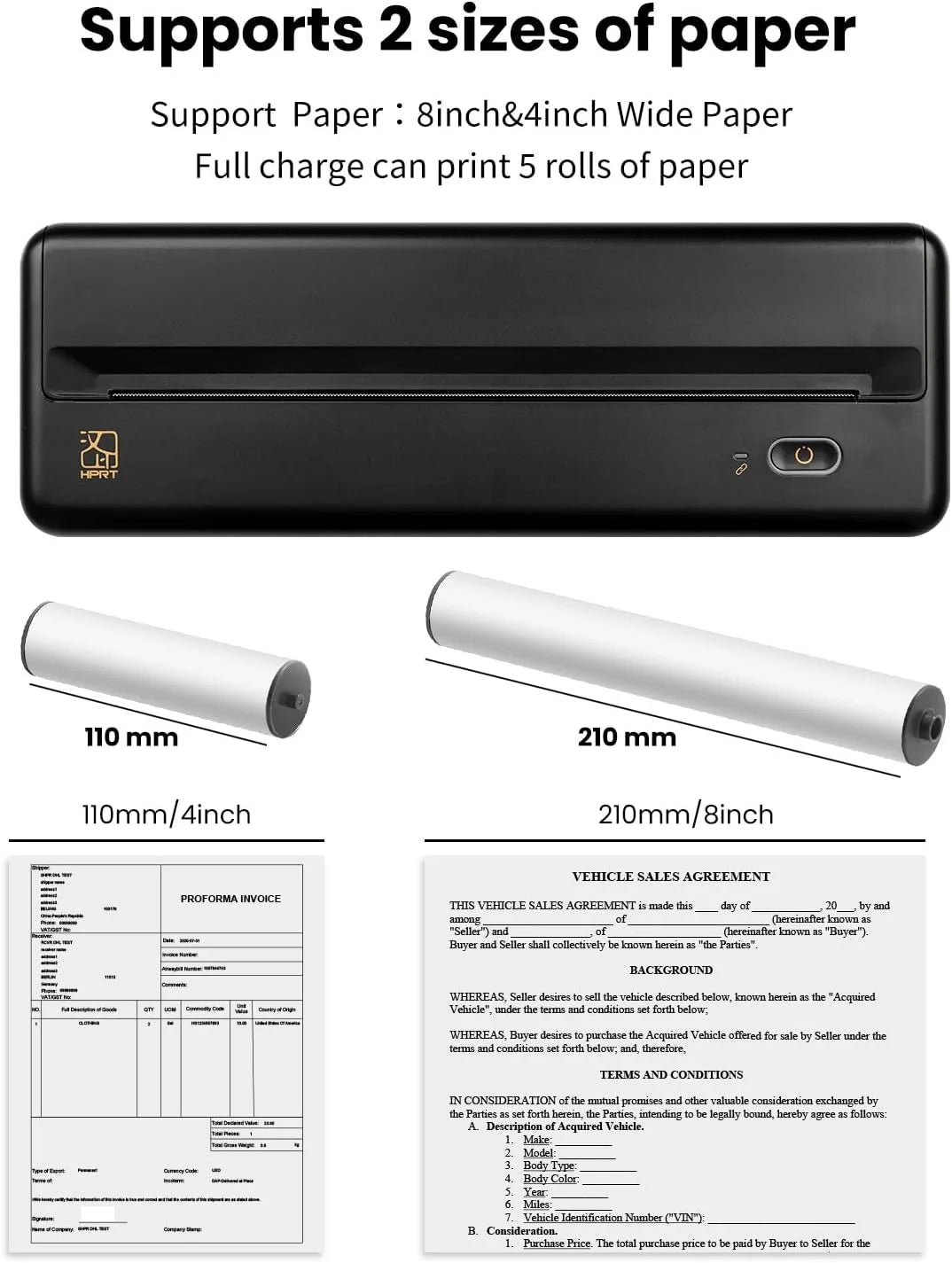 HPRT MT810 Portable Printer, A4 Wireless Bluetooth Travel Printer, Thermal Printer Support 8" & 4" Thermal Roll Paper Suitable for Home Vehicles Office Business