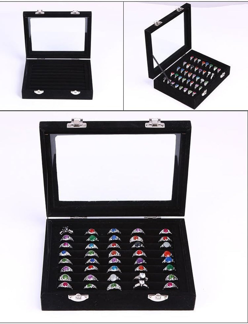 Elegant Velvet Glass Jewelry Display Case - 7 Slot Ring and Earring Holder for Women