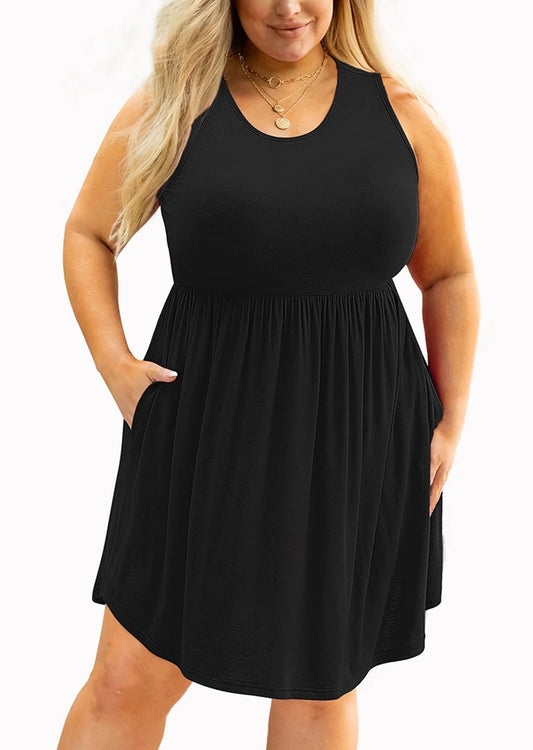 Chic Black Plus Size Summer Dress for Women - Casual Sleeveless Crewneck with Pockets, Flowy Pleated Design for Effortless Elegance