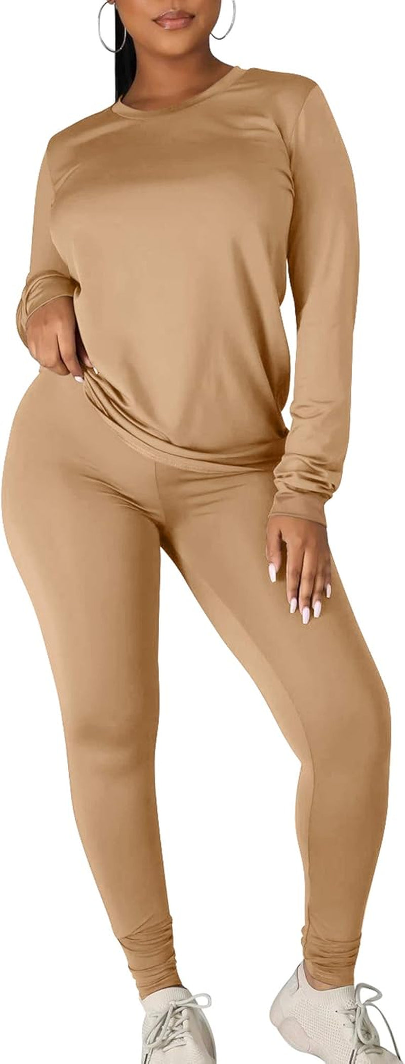 Elevate Your Workout Style with Kaximil Women's 2 Piece Tracksuit - Chic Long Sleeve Top and Legging Jogger Pants Set in Khaki