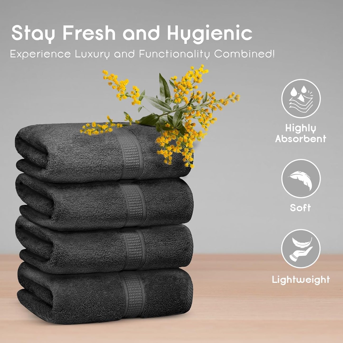 Luxurious Grey Bath Towel Set of 4 - 100% Cotton, Extra Soft & Highly Absorbent, Perfect for Home, Gym, Pool, and Spa - 30 x 52 Inches
