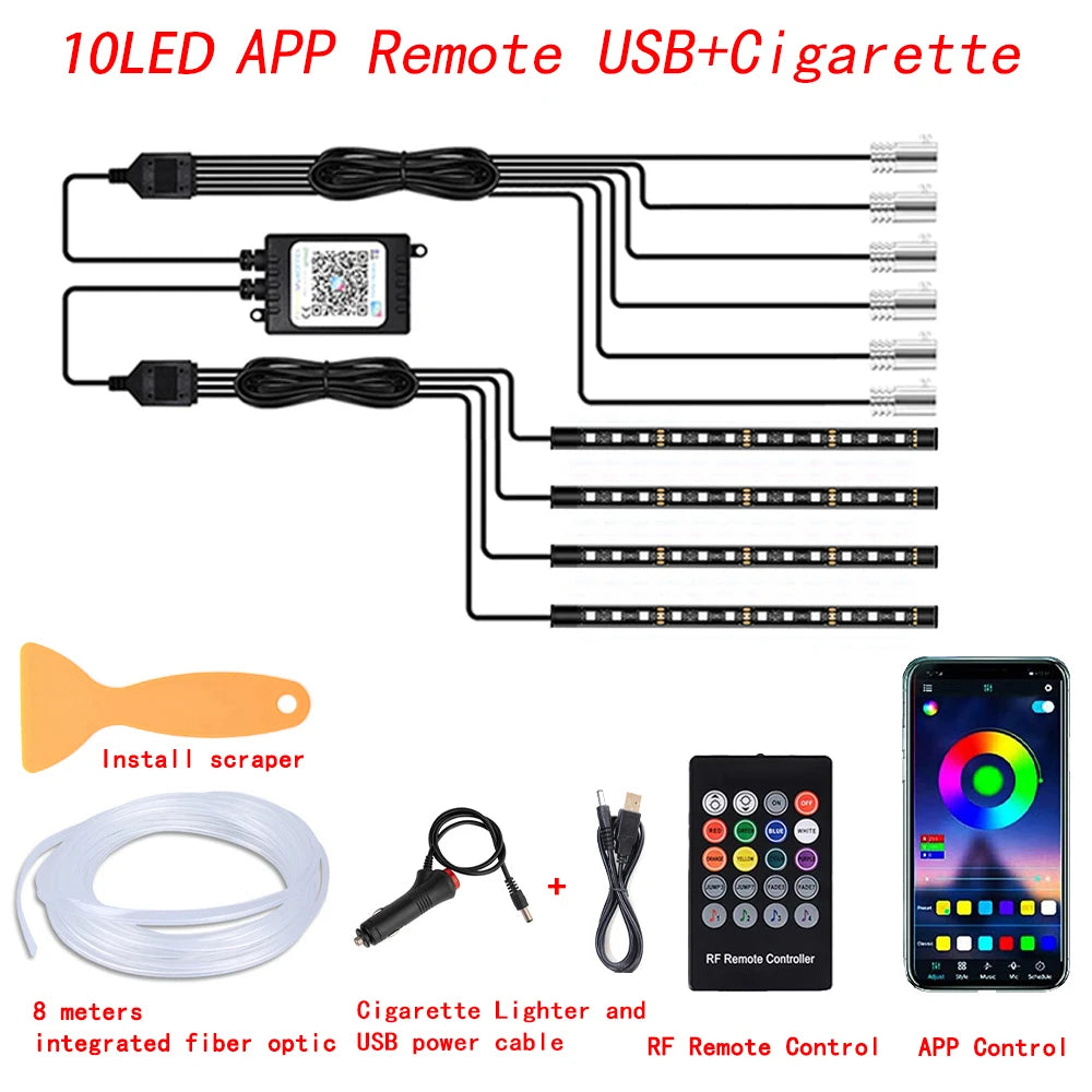 Transform Your Ride with RGB LED Car Interior Ambient Strip Lights - APP Remote Control & Fiber Optic Neon Atmosphere Kit!