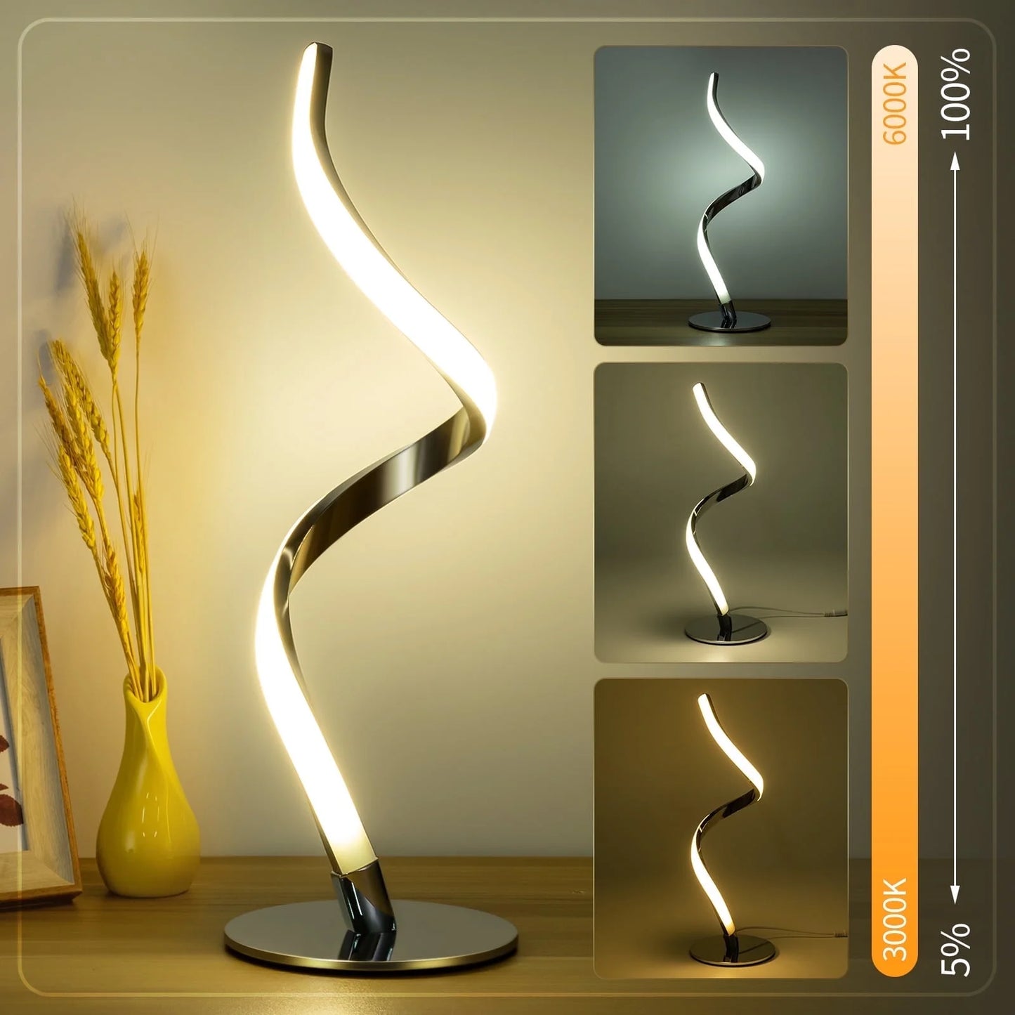 Modern Spiral Touch Control Table Lamp - Fully Dimmable Bedside Lighting in 3 Gorgeous Colors for Any Room