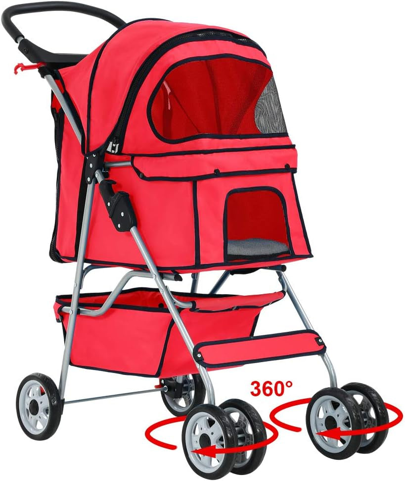 Pet Stroller Cat Dog Cage Stroller Travel Folding Carrier,Red