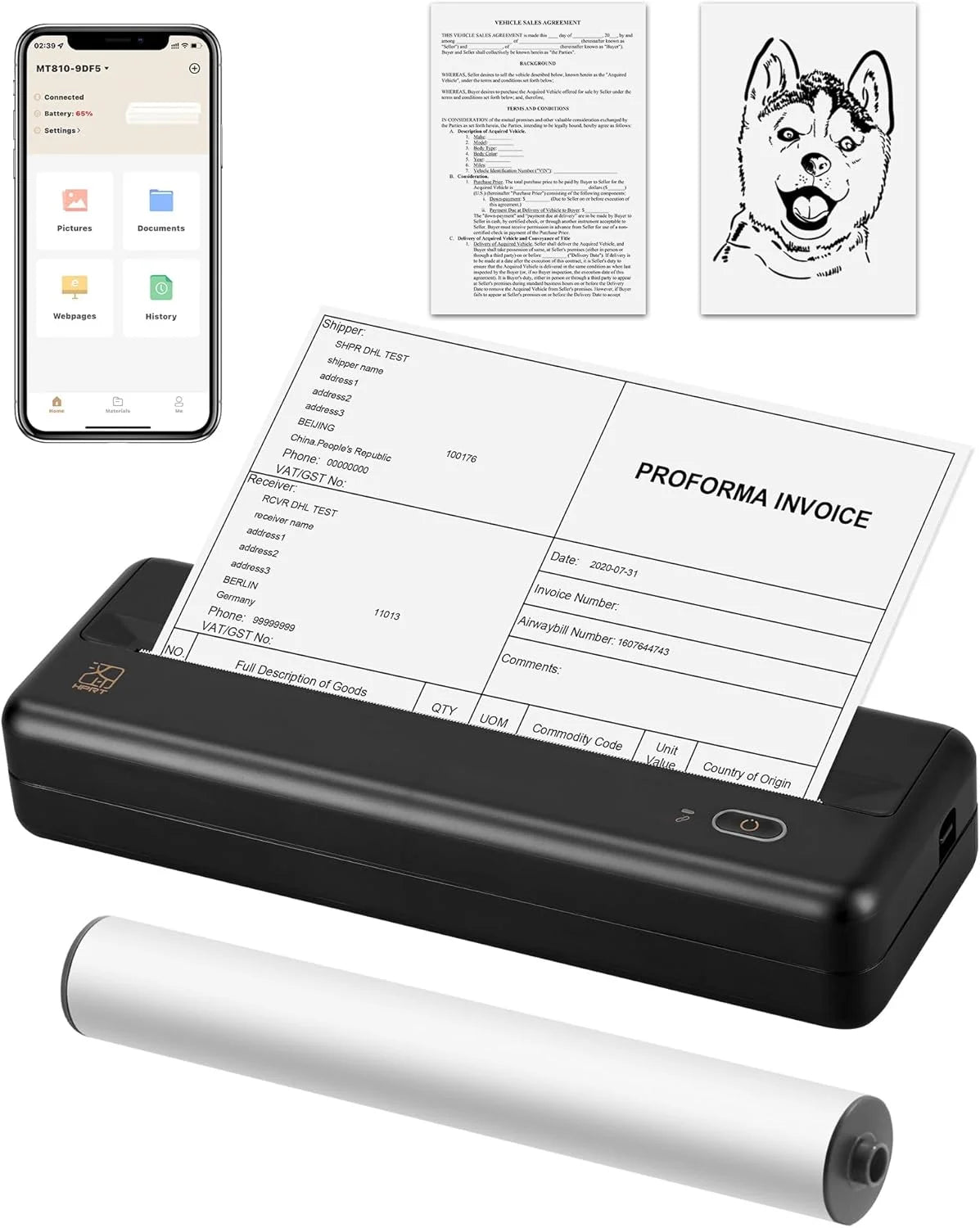 HPRT MT810 Portable Printer, A4 Wireless Bluetooth Travel Printer, Thermal Printer Support 8" & 4" Thermal Roll Paper Suitable for Home Vehicles Office Business