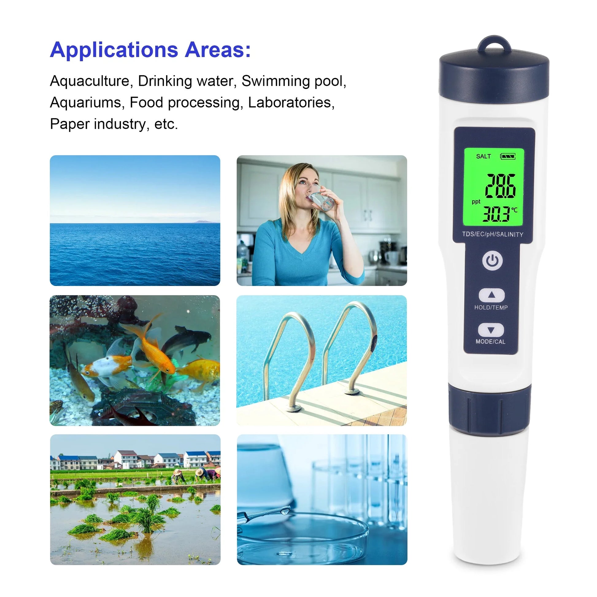 Pool Salt Tester & PH Meter Waterproof, ABS White, 8.19" X 3.12" X 1.95"