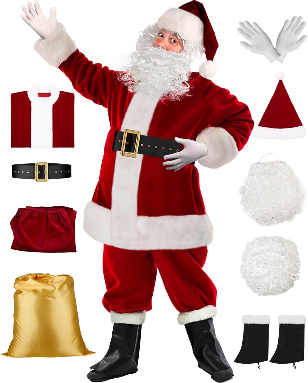 Transform Into Santa This Christmas with Our Deluxe 9-Piece Santa Claus Costume for Men - Complete Velvet Suit with Accessories!