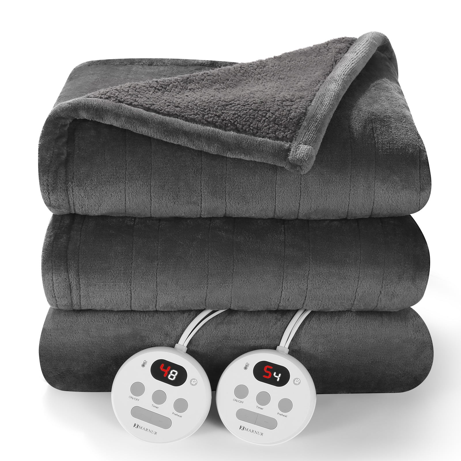 Electric Heated Blanket Queen Size 84''X90'', Fast Heating with Dual Controllers, 10 Heating Levels, 10H Timers, Preheat Function - Gray