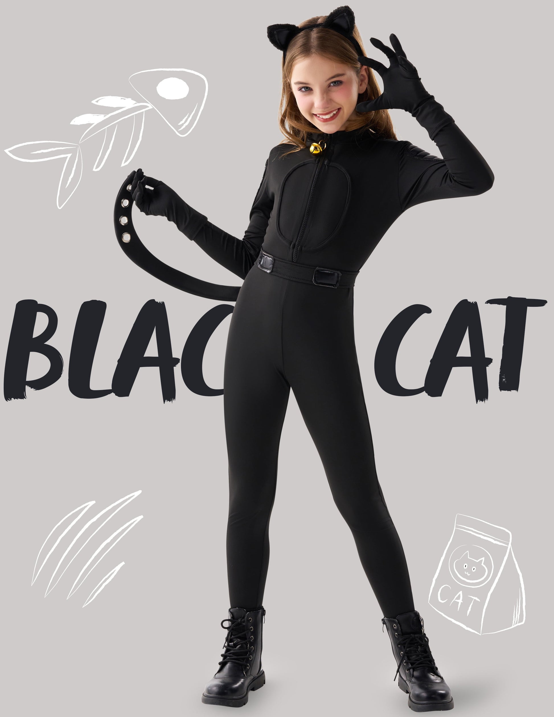 Enchanting Black Cat Costume for Girls - Complete Kids Cat Outfit Set with Tail for Halloween Fun and Cosplay Adventures