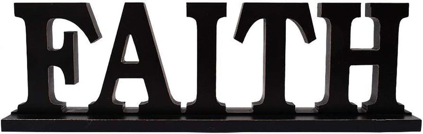 Rustic Wooden Faith Sign for Home Decor - Freestanding Tabletop Decor, 16.2" X 4.85" Black Faith Block Letters