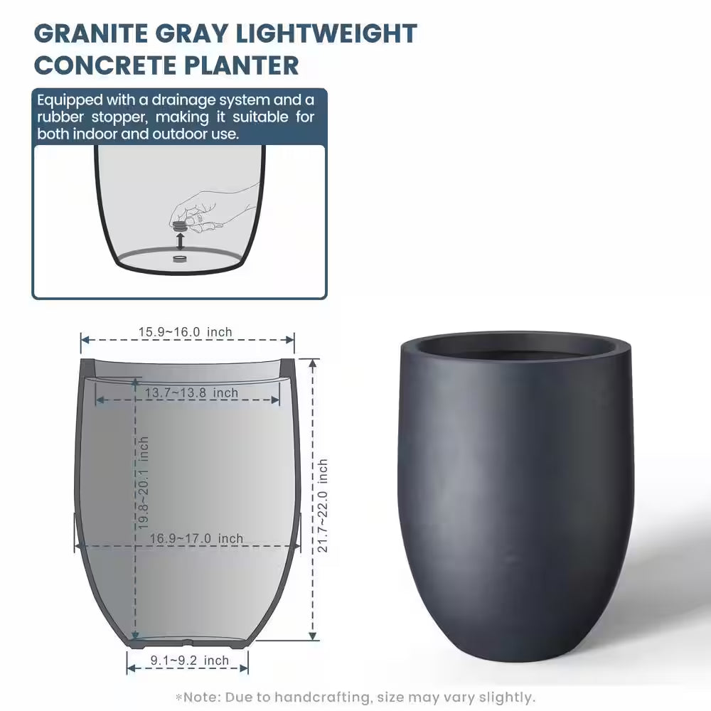 22"H Concrete Garden Flower Pots, Modern round Lightweight Planters with Drainage Hole for Outdoor/Indoor, Charcoal