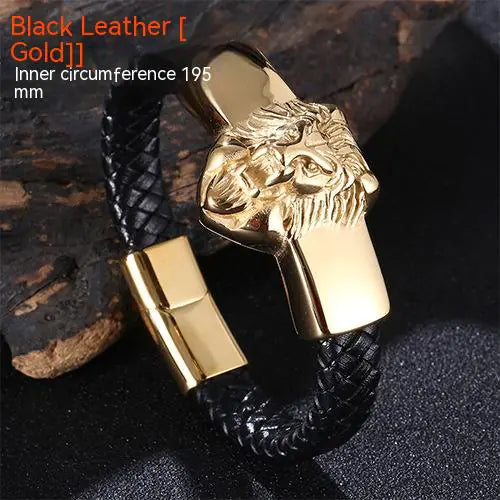 Titanium Steel Lion's Head Bracelet with Leather Rope