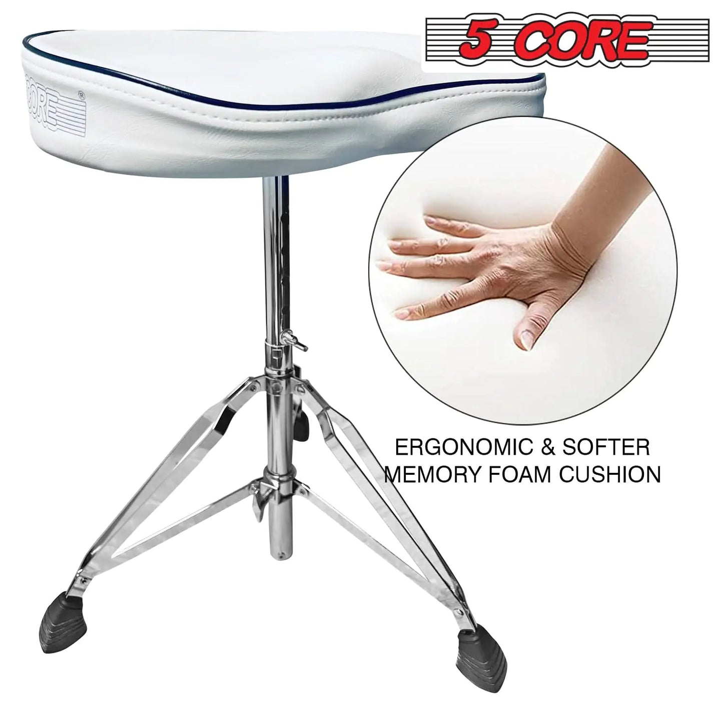 5 CORE Drum Throne Thick Padded Comfortable Guitar Stool with Memory Foam Adjustable Padded Keyboard Chair Metal Piano Stool Premium Musician Chair White DS CH WH SDL