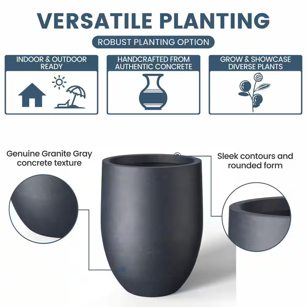 22"H Concrete Garden Flower Pots, Modern round Lightweight Planters with Drainage Hole for Outdoor/Indoor, Charcoal